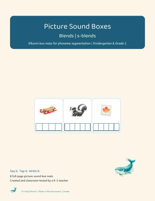 Cover of the s-blends picture sound boxes set showing sled, stamp and snack picture mats with sound boxes