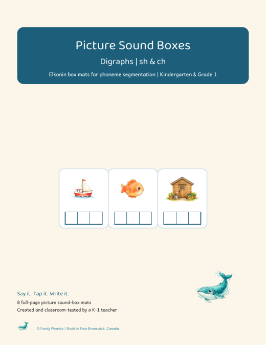 Cover of the sh and ch digraphs picture sound boxes set showing sample watercolour words